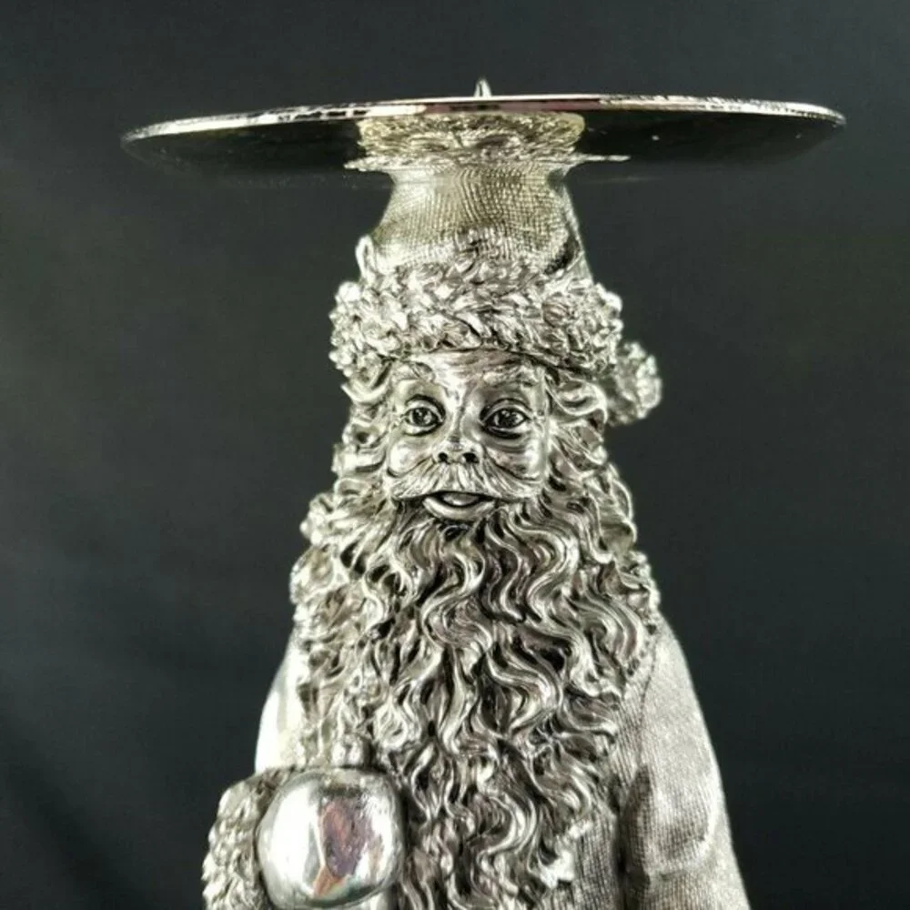 Santa Claus Pillar Candlestick Holder Silver Color Embossed‎ Christmas Holiday